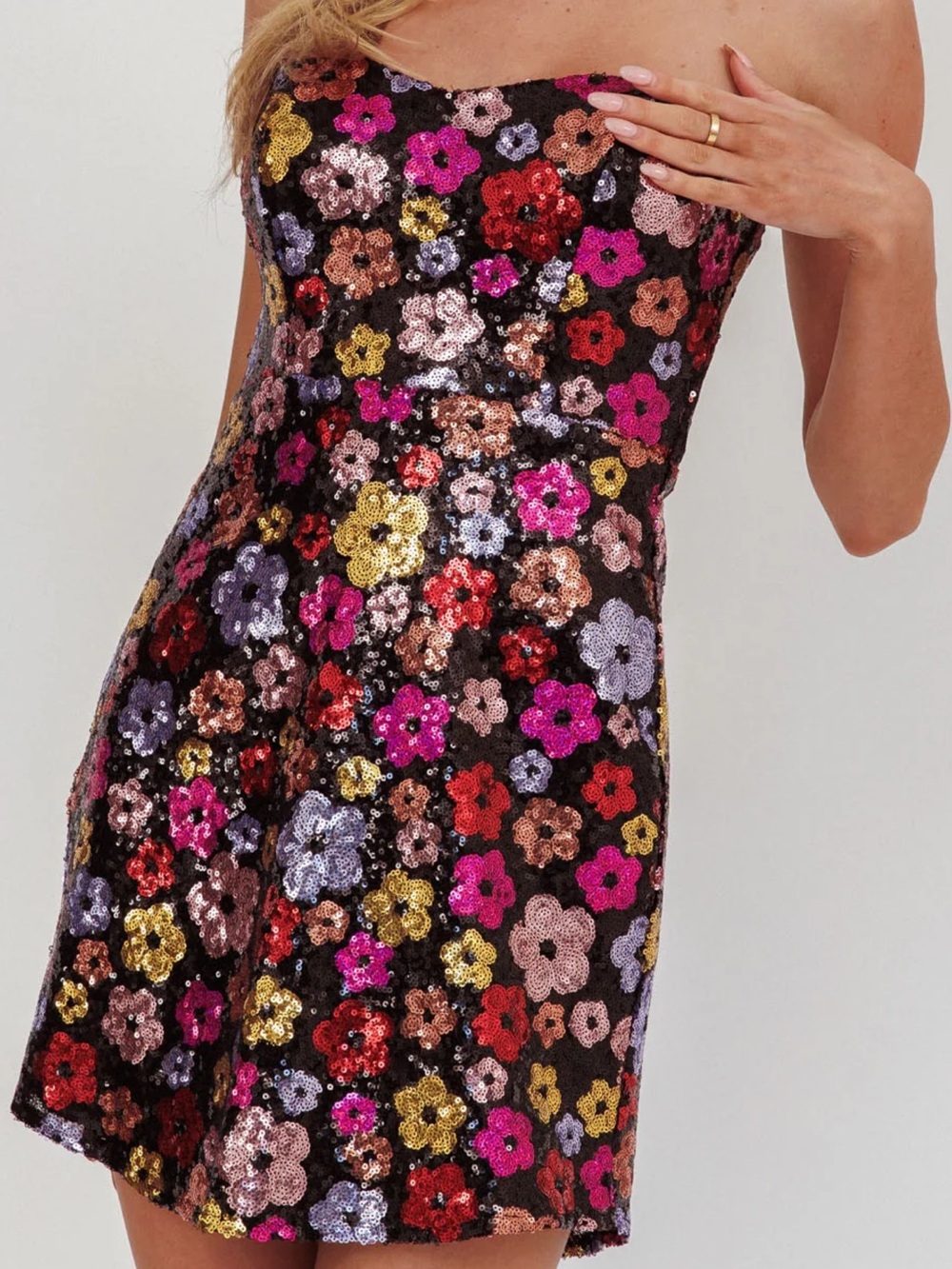 Strapless Multicolor Sequin Floral Mini Dress
